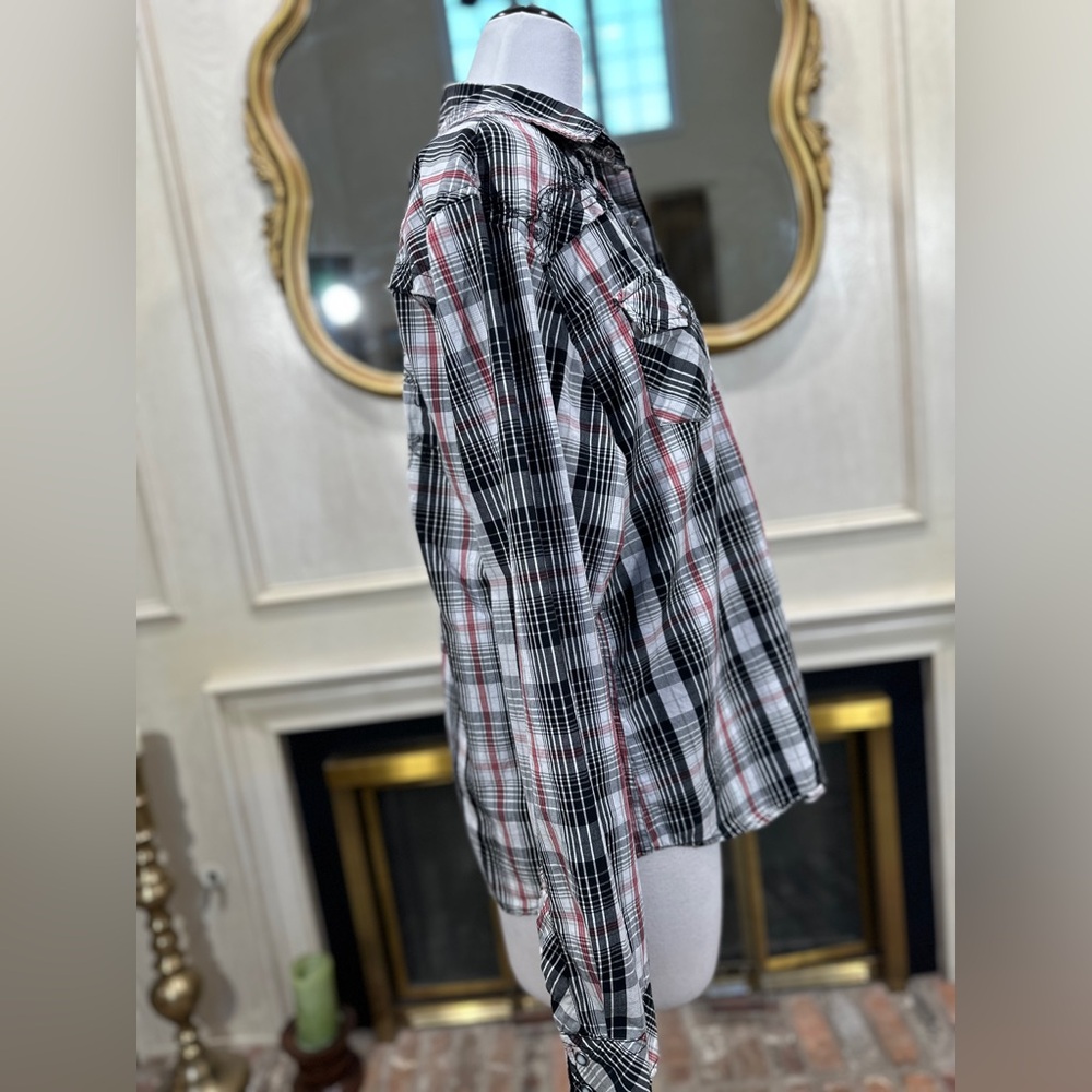 Guess Women's XL Plaid Pearl Snap Shirt Western Embroidered Hi Low Hem - Picture 10 of 13